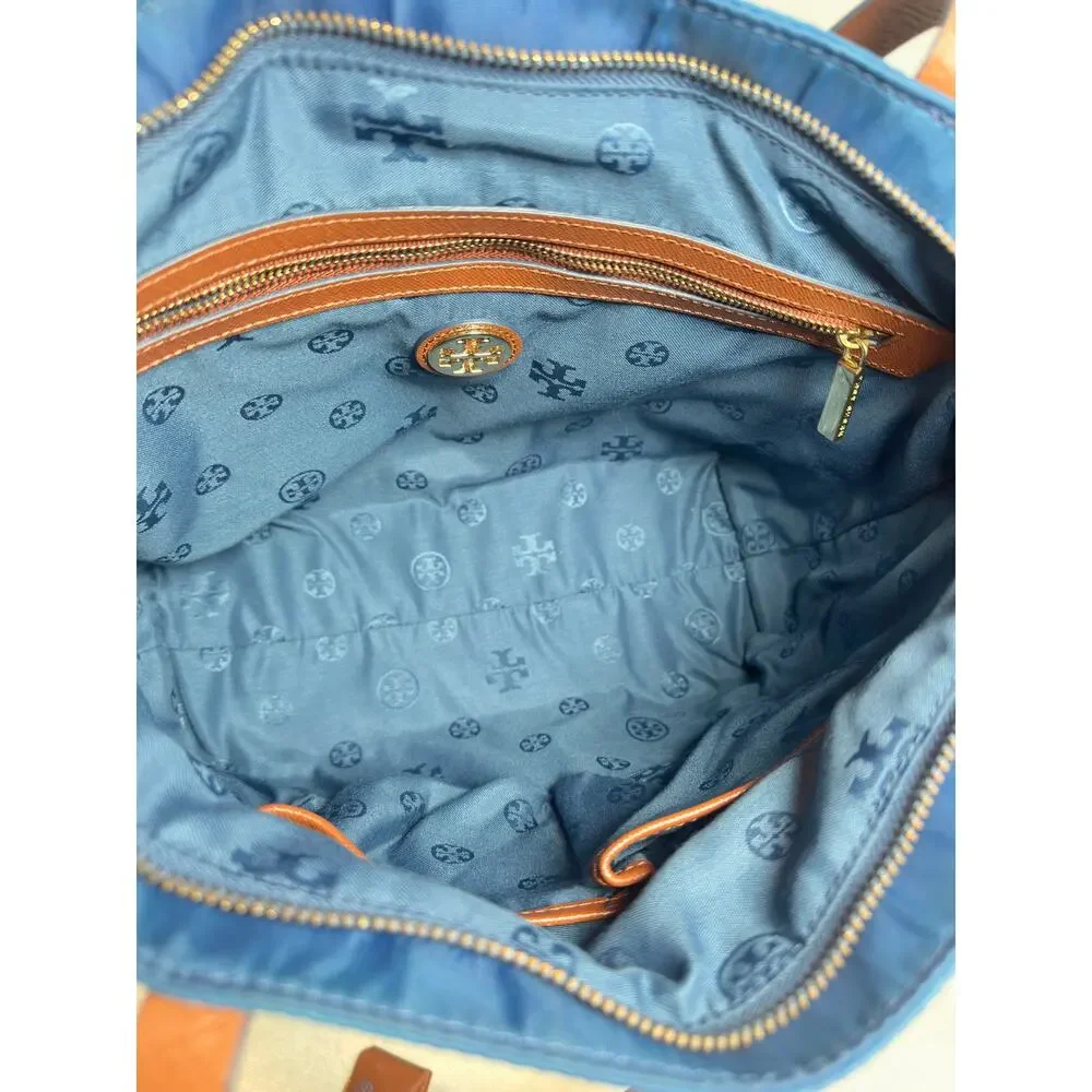 Tory Burch Blue Nylon Tote Tan Leather Trim Gold Hardware Shoulder Bag